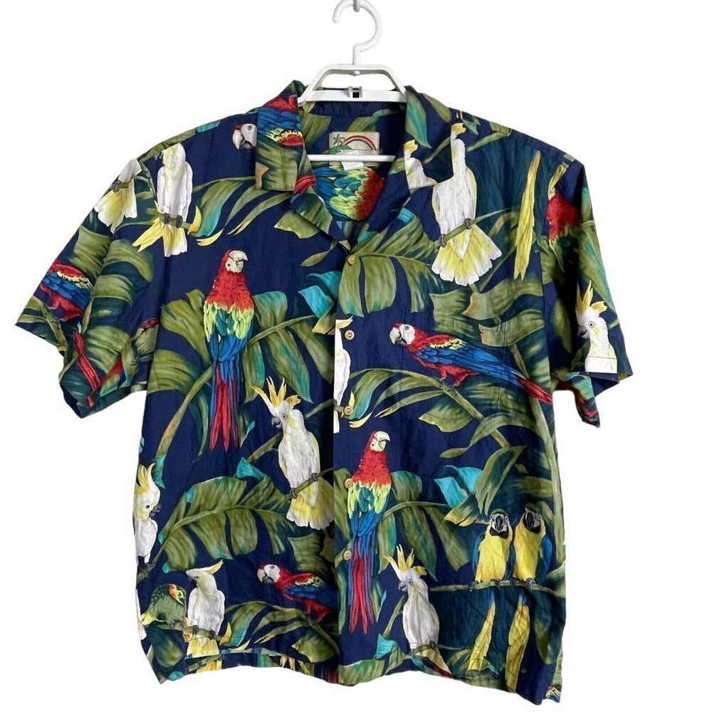 Paradise Found Vintage Hawaiian Parrots Palms Colorful Cotton Button Up Shirt XL